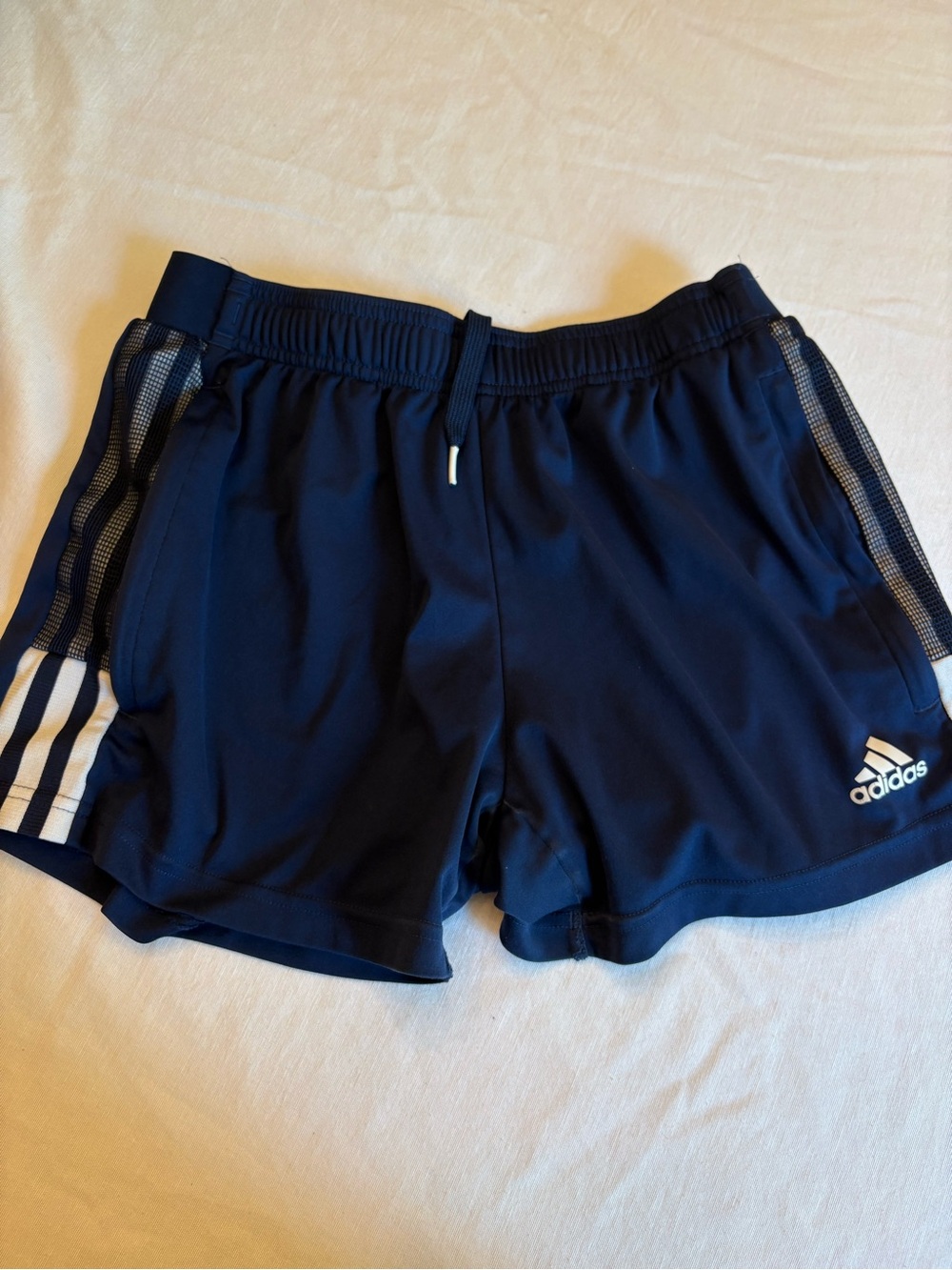 adidas Navy Blue Women's Athletic Shorts with White Stripes